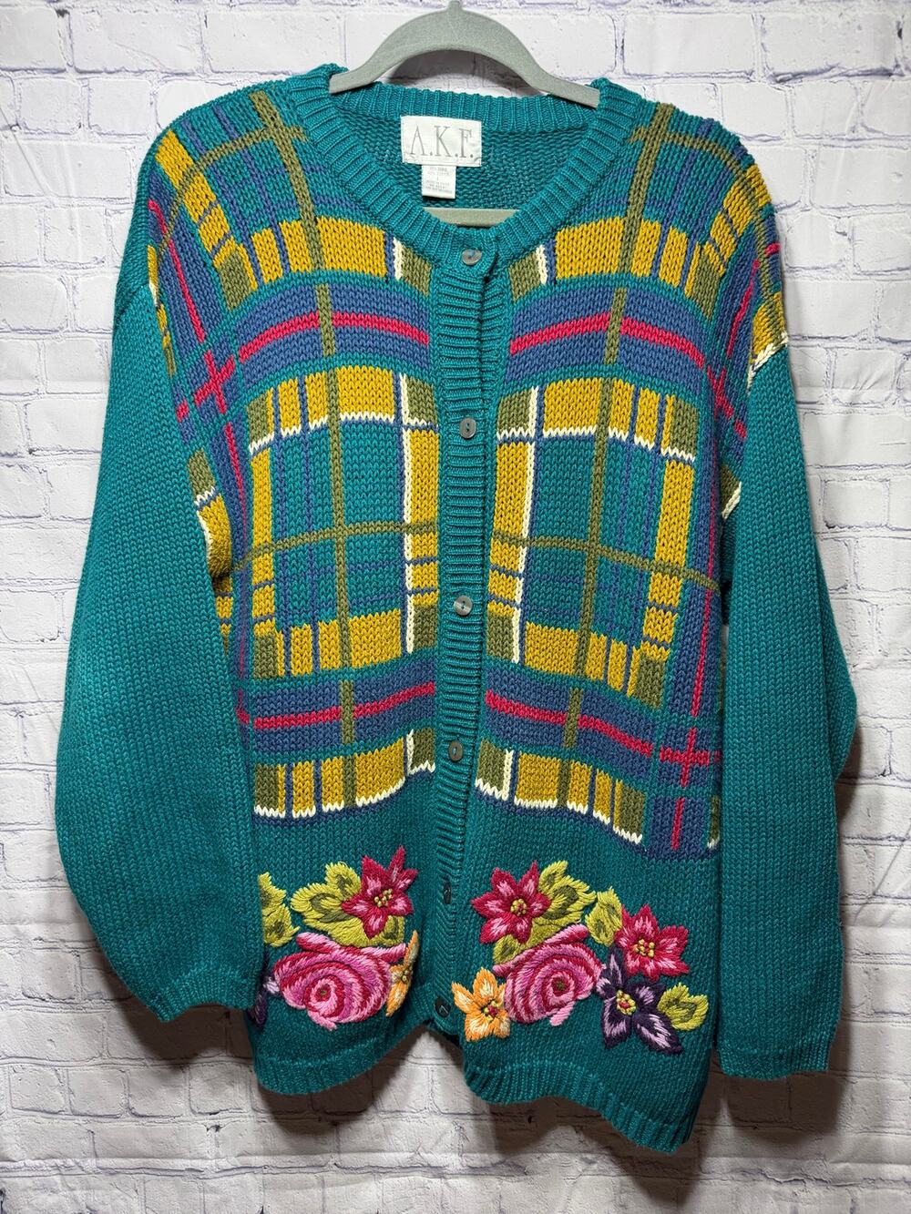 A.K.F. VTG Plaid Floral Cardigan Sz L Cottagecore Old Money Old Money
